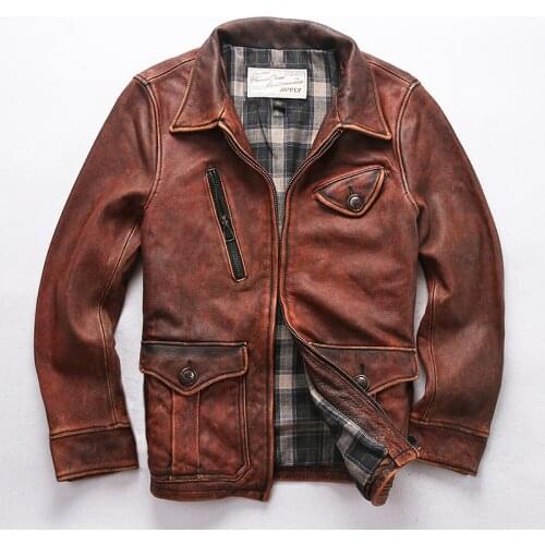 AVFLY 2020 New Men Vintage Brown Genuine Leather Motorcycle Jacket Real Thick Cowhide Slim Fit Leather Biker Winter Coats