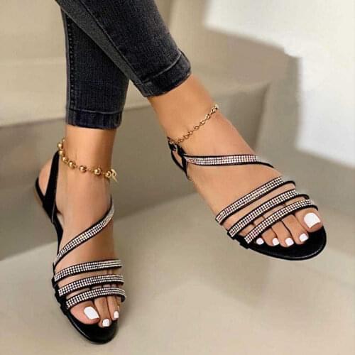 Women Sandals Summer Fashion Bling Sequins Crystal Shoes Woman Flat Ladies Sexy Narrow Band Buckle Footwear Plus Size 35-43
