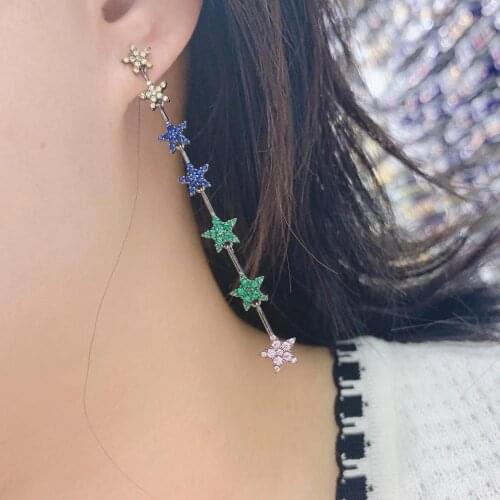 Long Drop Star Collection Full Multicolor Cubic Zirconia Engagement Wedding Party Nightclub Statment Earring E9537