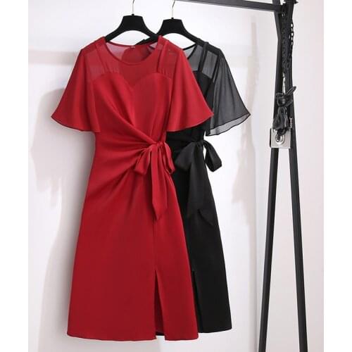 EHQAXIN Summer Womens Temperament Satin Round Neck Dress Bow Tie Lace Stitching Hepburn Style Chiffon Dress Female L-5XL