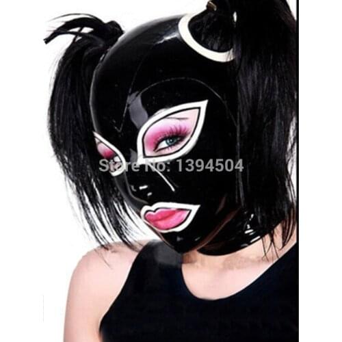 Sexy lingerie exotic handmade Women black Latex Mask Hood Fetish Rubber Pull-through Holes For Hair Hoods Plus Size Hot Sale