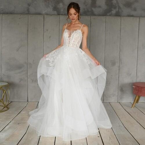 Elegant Organza Tulle A-line Wedding Gowns 2021 Sexy Spaghetti Straps Appliques Sequins Square CollarSleeveless Bridal Dress