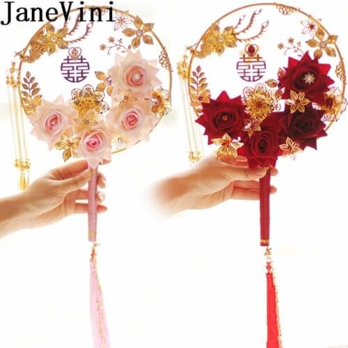 JaneVini Elegant Chinese Bridal Fans with Jewelry Pearl Artificial Pink Red Rose Wedding Bouquet Bride Fan Mariage Accessories