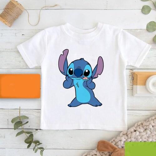 Summer New Products T-Shirt Kid Disney Harajuku Black White T Shirt Children Comfort Lilo & Stitch Cartoon Printing Short Sleeve
