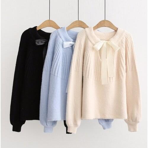 Long-sleeved V-neck Loose Knit Sweater Female Solid Simple Bow Tie Sweet Lace Elasticity Sweater Women Pullover Spring Autumn