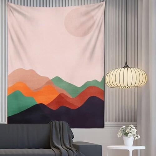 Pink Sun Moon Japanese Style Wall Tapestry Abstract Painted Sunset Mountain Forest Hippie Wall Cloth