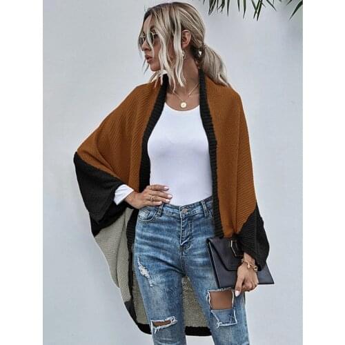 Contrasting Shawl For Fall/Winter 2021 New Color-Blocking Loose Irregular Knitted Fashion Elegant Women Cloak Cardigan Sweater