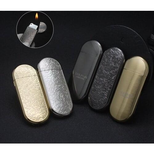 Creative Ultra-Thin Electroplating Flower Plate Inflatable Lighter Round Edge Grinding Wheel Open Flame Metal Gas Lighters