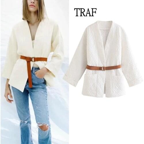 TRAF Za Women Jacket 2021 Autumn Winter Fashion White Jacket Coat Vintage Long Sleeve Pockets Female Outerwear Warm Chic Tops