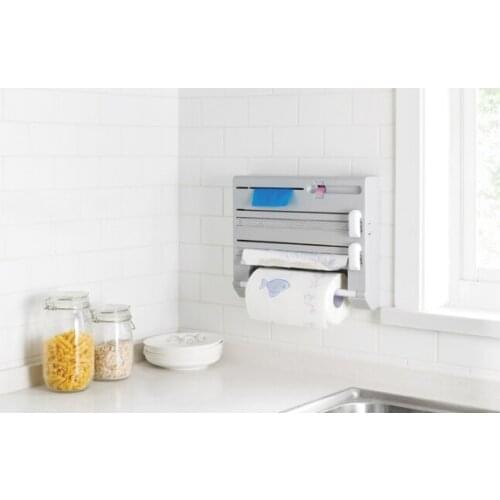 Wall hanging kitchen household multifunctional tin foil dishcloth storage rack non - punching plastic film cutter J05