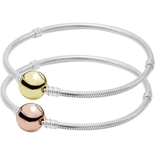 Original Rose & Gold Circular Clasp Snake Chain Bracelets Bangle Fit 925 Sterling Silver Bead Charm Diy Pandora Jewelry