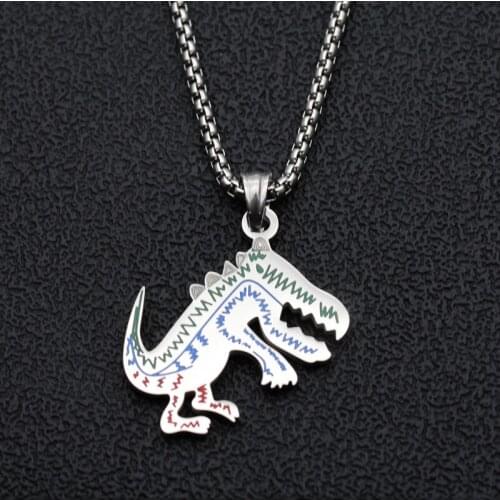 Punk Cool Tyrannosaurus Rex Pendant Charm Stainless Steel Cartoon Dinosaur Animal Necklace for Men Boy Hip Pop Jewelry Gift