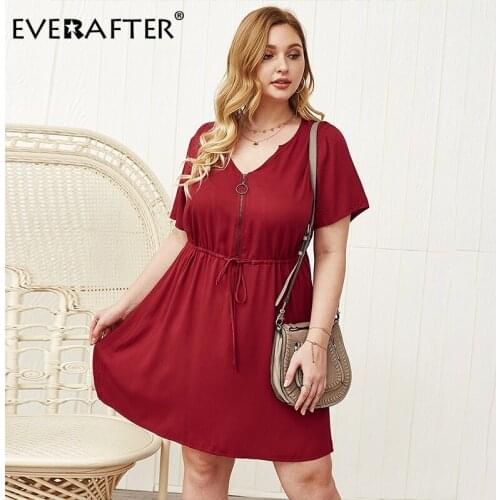 EVERAFTER Plus Size Solid Dress Women V-neck Short Sleeve Lace up Zipper Draped Drawstring Sundress Casual Elegant Summer Dress