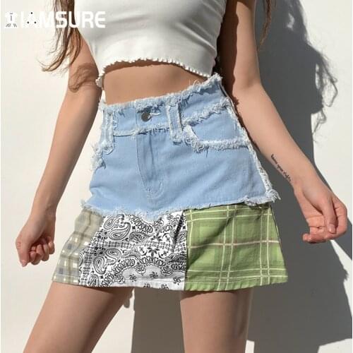 IAMSURE Casual Patchwork Plaid Denim Mini Skirts Sweet Slim High Waisted A-Line Skirt Women 2021 Fashion Y2K Streetwear Vintage