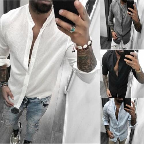 Mens Breathable Casual Fashion Cotton Linen Shirt Turn Down Collar Solid Color Blouse