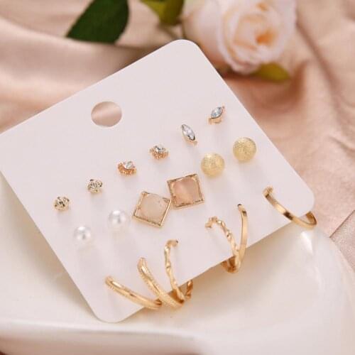 9 Pairs Gold Stud Earring Set Rhinestone imitation Pearl Earrings For Women