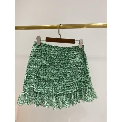 Silk summer mini skirt pleat ruffle bottom green black color floral printed women pencil skirts 200255031