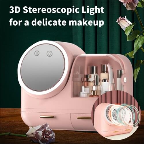 Mirror LED Light Makeup Organizer for Cosmetic Storage Box Desktop Jewelry Nail Polish Lipstick Holder Makeup Drawer Container