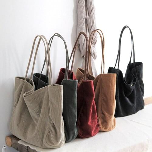 Women Corduroy Shopping Bag Female Canvas Cloth Shoulder Bag Slouch Bag Casual Student Reusable Women Foldable Eco Grocery Tote