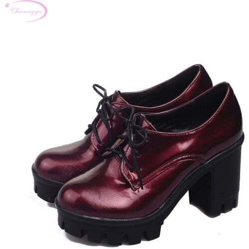 Chainingyee leisure style comfortable round toe paint pumps fashion lace-up platform high heels women shoes big size 22~26.5cm