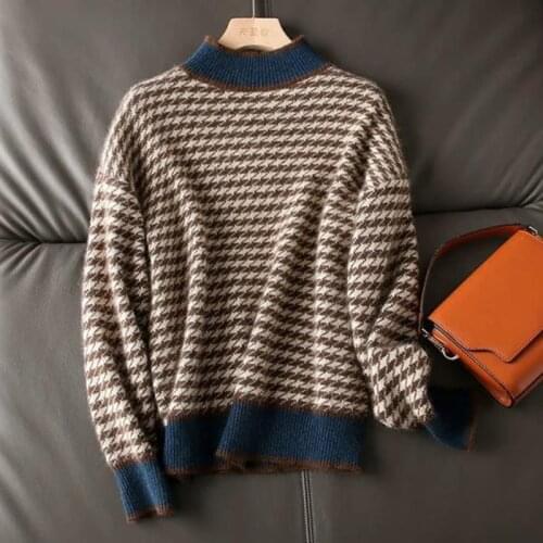 Women Elegant Keep Warm Loose Slim Pullover Ladies Stitching Retro Autumn Tops Fashion Houndstooth Half High Neck Casual Sweater