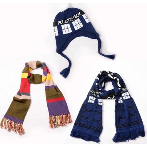 Dr Doctor Who Cosplay Costume Public Call Box 8' Blue Winter Warm Scarf Tom Baker Knitted Striped Wrap Knitting Hat Beanie Gift