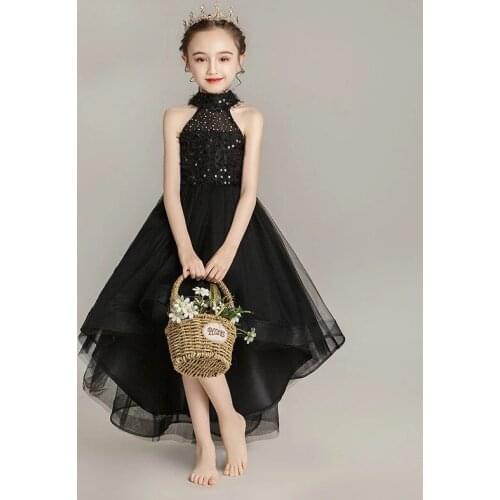 Kids Evening Dresses Black Halter Sequined Girl Flower Dresses for Weddings New Sleeveless Short High Low Tulle Princess Dresses