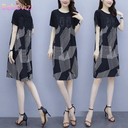 Fashion Korean New 2021 Plus Size L-5XL Summer Black Loose Women Short Sleeve Midi Dress Casual Office Lady Clothes
