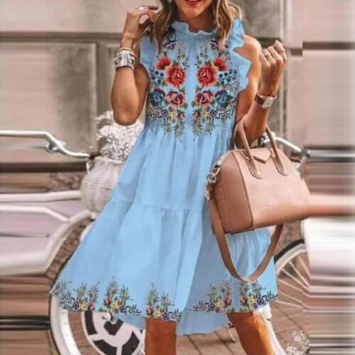 60%HOTFashion Dress Floral Print Loose Women Sleeveless Ruffle Knee-length Streetwear for Party