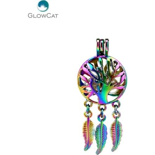 C720 5pcs/lot Rainbow Color Dream Catcher Tree Leaf Cage Pendant Pearl Locket Fairytale Party