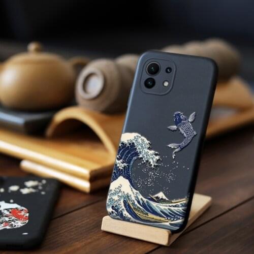 Great Emboss Phone case For xiaomi mi11 mi 11 cover Kanagawa Waves Carp Cranes 3D Giant relief case