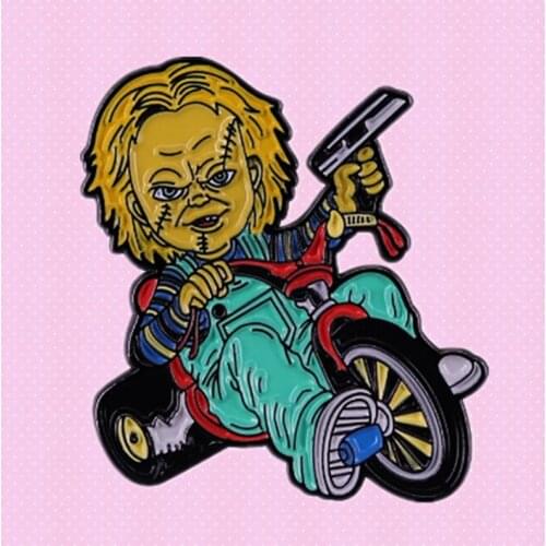 Childs Play Chucky Good Guy doll riding bike enamel pin Don Mancini slasher film 1980s Horror Movie Lapel brooch badge