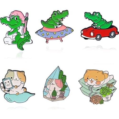 Crocodile cat Happy animal Enamel Brooch Brush bath UFO car cloud game machine Succulent plant Lapel Pin Cute cartoon Badge