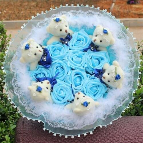 Artificial PE Foam Rose Flowers With Teddy Bear Plush Creative Flower Bouquet Home Wedding Decor Valentines Day Gift