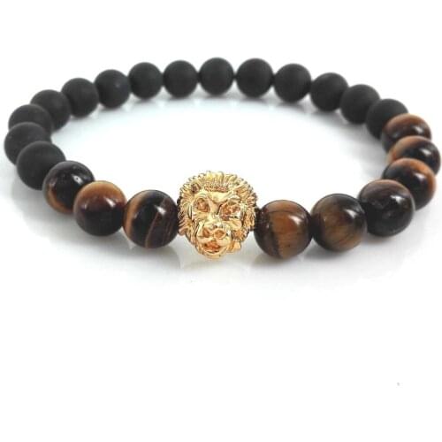 KEJIALAI 2018 High Quality Mens Bracelets 8mm Matte Tiger eyes Stone Beads With Gold And Silver Color Lion Bracelets Gift M-L424