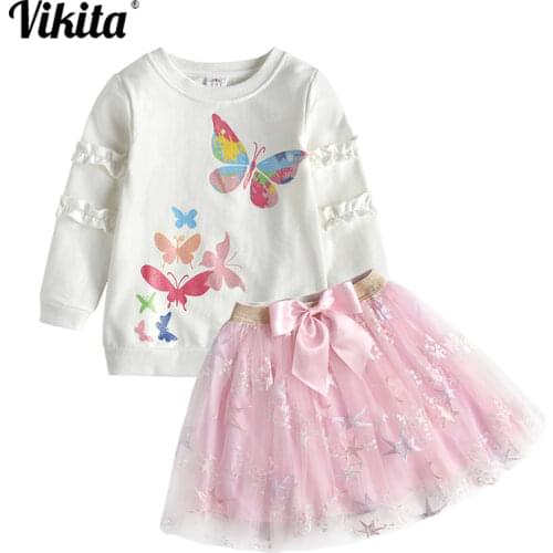 VIKITA Kids Autumn 2 Pcs Toddler Baby Girls Clothes Sets Girls Cotton Long Sleeve T-shirt and Bow-knot Mini Skirt Outfits