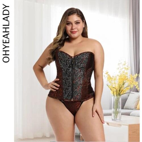 Ohyeahlady Brown Vintage Brocade Steel Boned Overbust Corset Bustier Sexy Steampunk Costume Zipper Corsets And Bustiers AJ3436