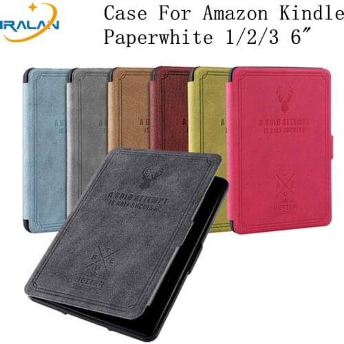 Faux Leather Deer Print Flip Magnetic Cover For Amazon Kindle Paperwhite 123 6.0 inch E-book Soft Silicone Back Case+Film+Stylus