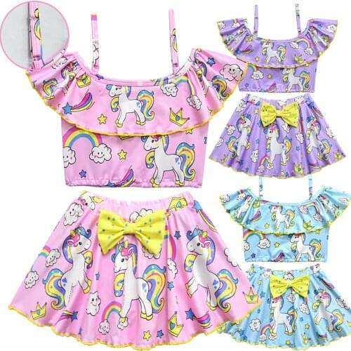 3-10 Years Girls Cute Unicorn Swimsuits 2021 Summer 2Pcs Wear for Childrens Swim Clothing Fleying Sleeve Tops+Bow Short Skirt