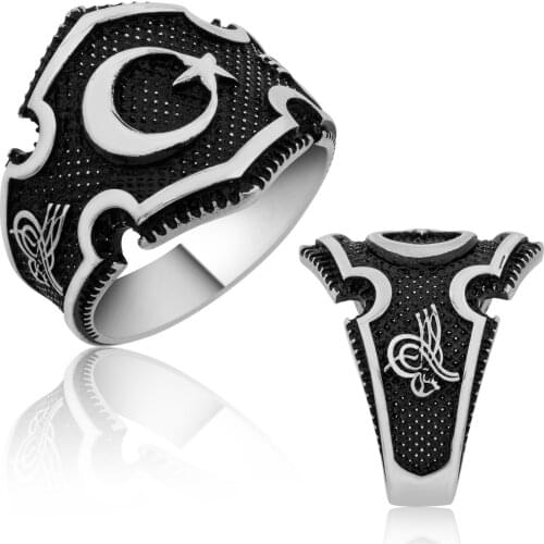 Solid 925 Sterling Silver Crescent Star Ottoman Turkish Sultan Tughra Mens Ring