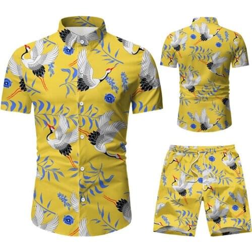 Mens Two Pieces Cotton Outfits Sets White Crane Print Men Short Sleeve Shirts Short Pants Set Hawaii Casual Beach Set 2 Piece
