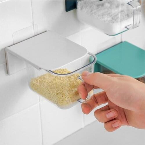 Wall Mount Spice Rack Organizer Sugar Bowl Salt Shaker Seasoning Container Spice Boxes With Spoons Kitchen Supplies Storage Tool