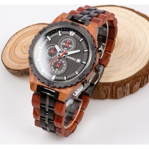 New Arrival Stainless Steel And Wood Mens Watches Japan Chrono Movement