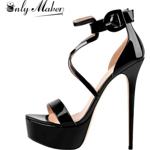 Onlymaker Open Toe Platform Stiletto Ankle Strap Crisscross Fashion Sandals Sexy Black Patent Leather Heels for Women Plus Size