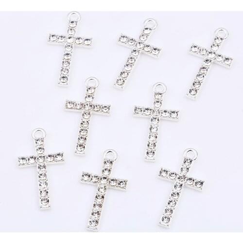 6pcs Handmade Rhinestone Catholic Cross Pendants Popular Necklace Bracelet Accessories DIY Charms Jewelry Craft Making 26*14mm