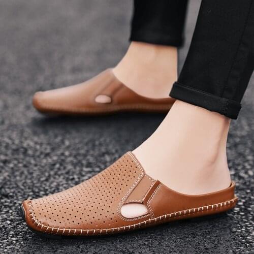 ZEEKSON Baotou Mens Sandals Summer Hollow Breathable Solid Color Slippers Soft Bottom Half Drag Lazy Mens Hole Shoes Size 44