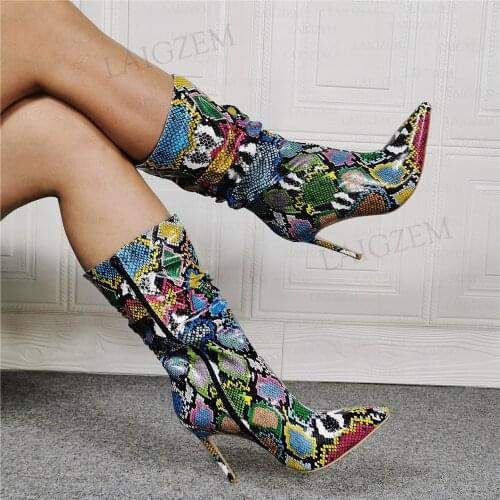 SEIIHEM Women Calf High Boots Thin High Heels Snake Print Full Zip Boots Unisex Shoes Woman Zapatos Mujer Big Size 39 41 44 47