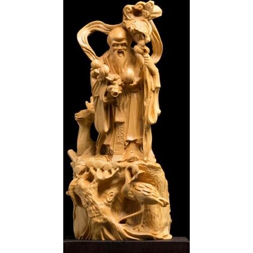 17CM Chinese-Style Shou Xing statue Wood Carving Old Birthday Star Boxwood Wood Carving Wood Carving Crafts Ornaments Gifts