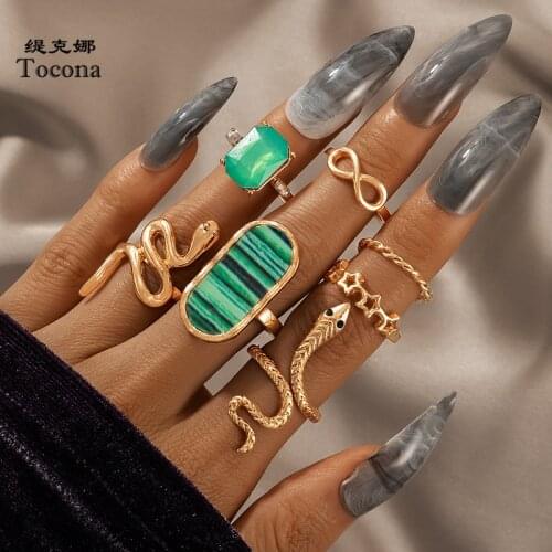 Tocona 7pcs/sets Boho Snake Joint Ring Sets for Women Luxury Green Rhinestone Hollow Star Geoemtric Party Jewelry кольца 18214