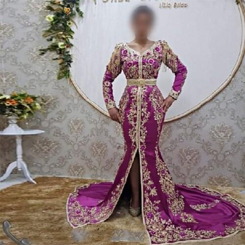 Fuchsia Slit Mermaid Moroccan Caftan Evening Dresses Tassel Beads Appliques Muslim Prom Gown Arabic Abaya Kaftan Formal Dresses